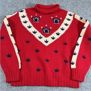 Vintage 50s Sweater Mens Red Royal Crown Jumper Pullover Mock Neck Retro Large